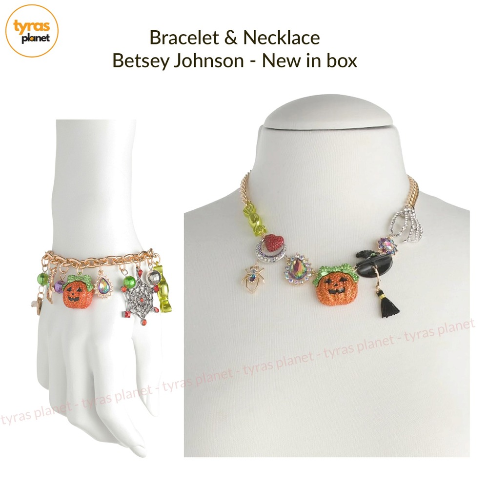 Betsey Johnson Halloween Rhinestone Charm Pumpkin Spider Bracelet & Necklace